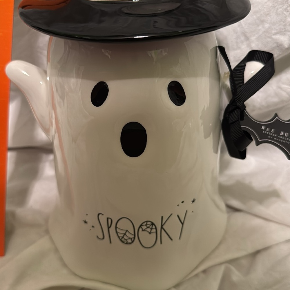 Rae Dunn White Ghost with Black Witch Hat Jar - Picture 2 of 5